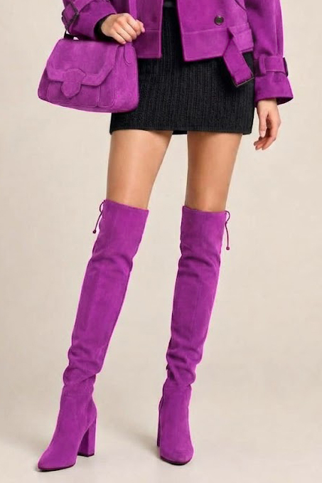 Women's mauve custom-made thigh-high boots with round toe and high block heel - Worn view